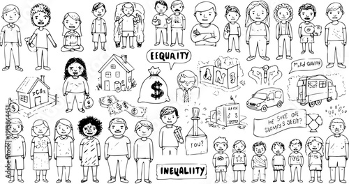 Hand-drawn doodle art exploring social concepts of equality and inequality, wealth, and poverty with diverse characters, houses, and money symbols.