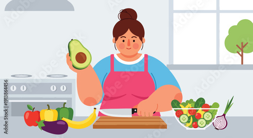 Flat vector illustration of plus size woman preparing healthy meal in kitchen, promoting balanced lifestyle, body positivity, nutrition awareness, and self care concept