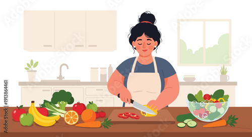 Flat vector illustration of plus size woman preparing healthy meal in kitchen, promoting balanced lifestyle, body positivity, nutrition awareness, and self care concept