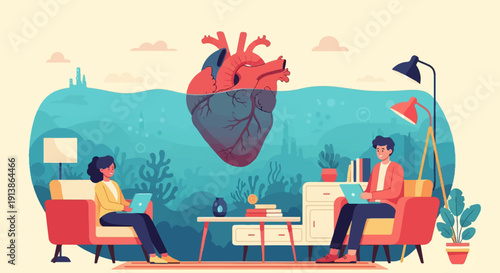 Surreal underwater scene with a heart and people working on laptops