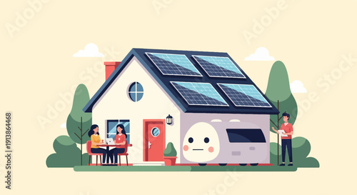 Sustainable living illustration featuring a house with solar panels and people