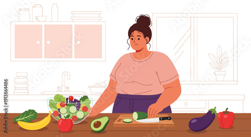 Flat vector illustration of plus size woman preparing healthy meal in kitchen, promoting balanced lifestyle, body positivity, nutrition awareness, and self care concept