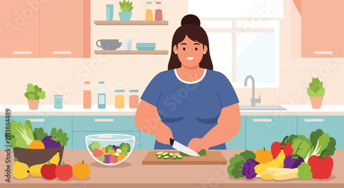 Flat vector illustration of plus size woman preparing healthy meal in kitchen, promoting balanced lifestyle, body positivity, nutrition awareness, and self care concept