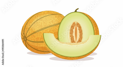 Sweet, juicy cantaloupe, whole and sliced, with seeds visible