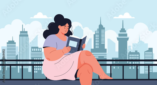 Modern flat vector illustration of plus size woman reading book on balcony with city skyline, celebrating peaceful lifestyle, body acceptance, and self love confidence