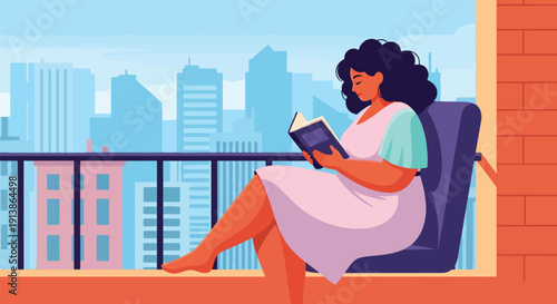 Modern flat vector illustration of plus size woman reading book on balcony with city skyline, celebrating peaceful lifestyle, body acceptance, and self love confidence