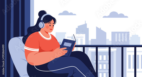 Modern flat vector illustration of plus size woman reading book on balcony with city skyline, celebrating peaceful lifestyle, body acceptance, and self love confidence