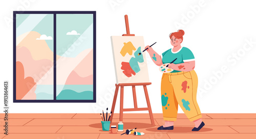 Flat vector illustration of plus size woman painting in art studio, expressing creativity, self confidence, body positivity, and artistic lifestyle empowerment