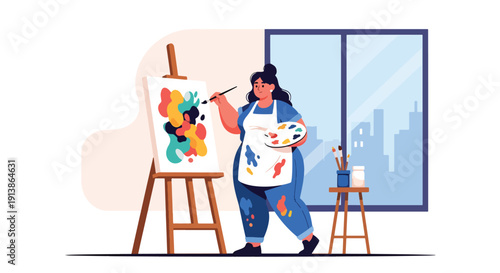 Flat vector illustration of plus size woman painting in art studio, expressing creativity, self confidence, body positivity, and artistic lifestyle empowerment