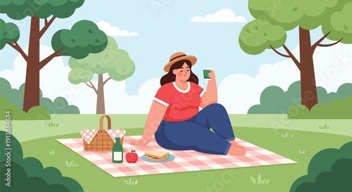 Modern flat vector illustration of plus size woman enjoying picnic in park, celebrating joyful lifestyle, body positivity, friendship, and outdoor happiness concept