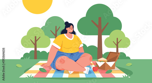 Modern flat vector illustration of plus size woman enjoying picnic in park, celebrating joyful lifestyle, body positivity, friendship, and outdoor happiness concept