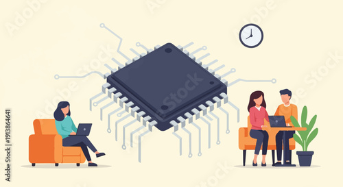 Team collaboration around a central processor unit with people working