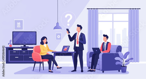 Team collaboration in a modern office setting with digital devices and city view