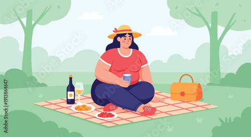 Modern flat vector illustration of plus size woman enjoying picnic in park, celebrating joyful lifestyle, body positivity, friendship, and outdoor happiness concept