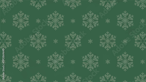A seamless pattern of snowflakes on a green background viewed from directly above, creating a festive winter scene in vector illustration.