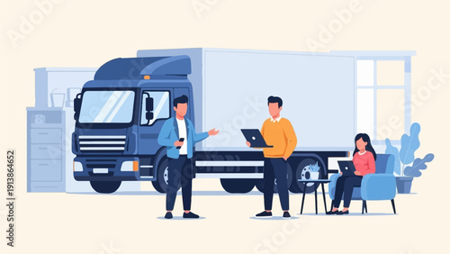 Team discussing logistics with a large truck and office setting