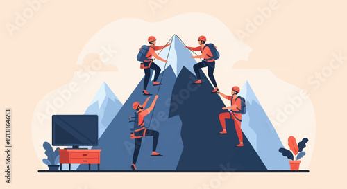 Team of climbers ascending a steep mountain peak, with a television and plant below