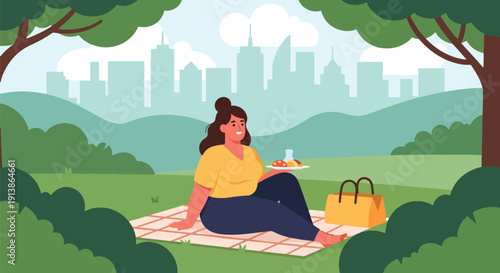 Modern flat vector illustration of plus size woman enjoying picnic in park, celebrating joyful lifestyle, body positivity, friendship, and outdoor happiness concept