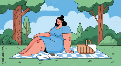 Modern flat vector illustration of plus size woman enjoying picnic in park, celebrating joyful lifestyle, body positivity, friendship, and outdoor happiness concept