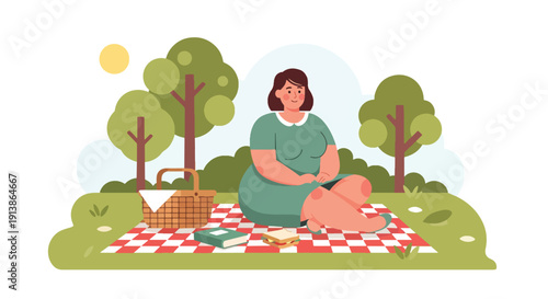 Modern flat vector illustration of plus size woman enjoying picnic in park, celebrating joyful lifestyle, body positivity, friendship, and outdoor happiness concept