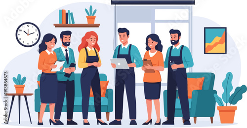 Team of professionals gathered indoors with a clock and plants