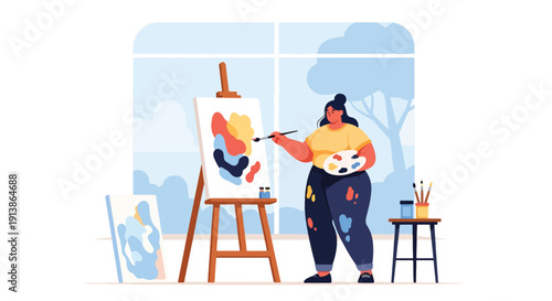 Flat vector illustration of plus size woman painting in art studio, expressing creativity, self confidence, body positivity, and artistic lifestyle empowerment