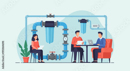 Team works on project next to intricate water filtration system