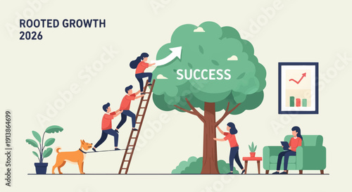 Teamwork and a dog help climb a ladder towards a tree labeled success