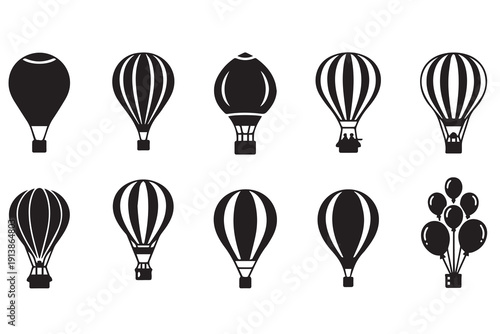 Hot Air Balloon Icons Set - Vector Silhouette Illustrations for Travel and Adventure Design