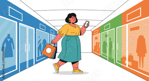 Flat vector illustration of plus size woman shopping confidently in mall, highlighting body positivity, modern lifestyle, fashion inclusivity, and self confidence