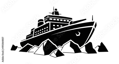 Black and white illustration of a cruise ship navigating through icebergs.