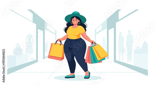 Flat vector illustration of plus size woman shopping confidently in mall, highlighting body positivity, modern lifestyle, fashion inclusivity, and self confidence