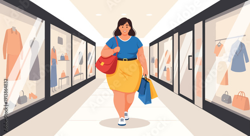 Flat vector illustration of plus size woman shopping confidently in mall, highlighting body positivity, modern lifestyle, fashion inclusivity, and self confidence