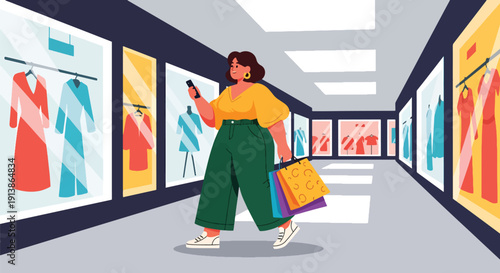 Flat vector illustration of plus size woman shopping confidently in mall, highlighting body positivity, modern lifestyle, fashion inclusivity, and self confidence