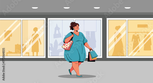 Flat vector illustration of plus size woman shopping confidently in mall, highlighting body positivity, modern lifestyle, fashion inclusivity, and self confidence