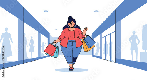 Flat vector illustration of plus size woman shopping confidently in mall, highlighting body positivity, modern lifestyle, fashion inclusivity, and self confidence