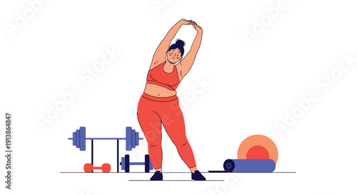 Modern flat vector illustration of plus size woman exercising in gym, promoting fitness inclusivity, healthy lifestyle, body acceptance, and empowerment