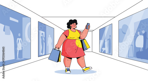 Flat vector illustration of plus size woman shopping confidently in mall, highlighting body positivity, modern lifestyle, fashion inclusivity, and self confidence