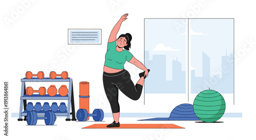 Modern flat vector illustration of plus size woman exercising in gym, promoting fitness inclusivity, healthy lifestyle, body acceptance, and empowerment
