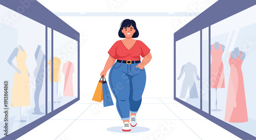 Flat vector illustration of plus size woman shopping confidently in mall, highlighting body positivity, modern lifestyle, fashion inclusivity, and self confidence