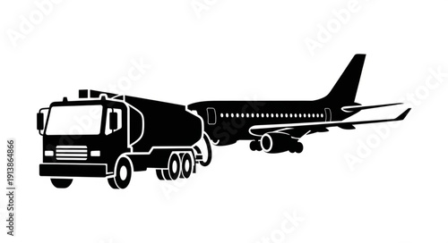 Fuel Truck Refueling Airplane on White Background.
