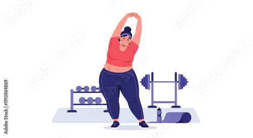 Modern flat vector illustration of plus size woman exercising in gym, promoting fitness inclusivity, healthy lifestyle, body acceptance, and empowerment