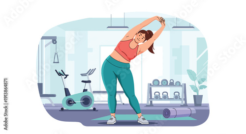 Modern flat vector illustration of plus size woman exercising in gym, promoting fitness inclusivity, healthy lifestyle, body acceptance, and empowerment