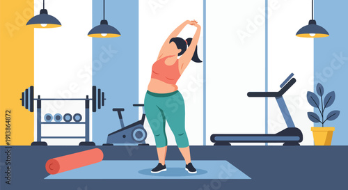 Modern flat vector illustration of plus size woman exercising in gym, promoting fitness inclusivity, healthy lifestyle, body acceptance, and empowerment