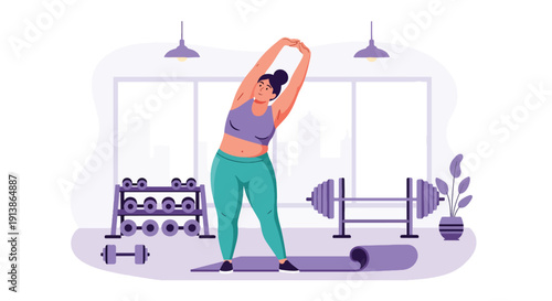 Modern flat vector illustration of plus size woman exercising in gym, promoting fitness inclusivity, healthy lifestyle, body acceptance, and empowerment