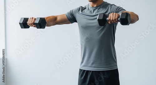 Mid-section view of a fit male engaged in a strenuous lateral raise exercise, utilizing dumbbells to develop strong, toned shoulders and enhance physical well-being