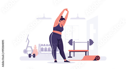 Modern flat vector illustration of plus size woman exercising in gym, promoting fitness inclusivity, healthy lifestyle, body acceptance, and empowerment