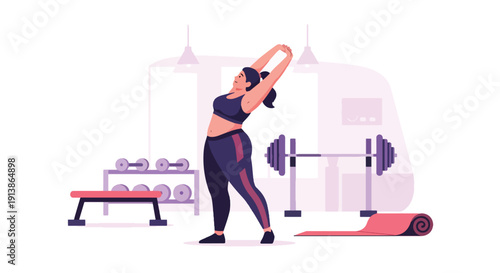 Modern flat vector illustration of plus size woman exercising in gym, promoting fitness inclusivity, healthy lifestyle, body acceptance, and empowerment
