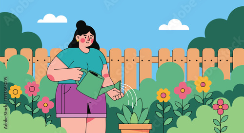 Modern flat vector illustration of plus size woman watering plants in backyard garden, symbolizing self growth, self care, and body positivity lifestyle