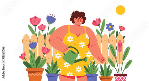 Modern flat vector illustration of plus size woman watering plants in backyard garden, symbolizing self growth, self care, and body positivity lifestyle